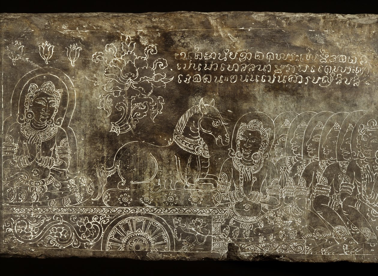 Gravert steinpanel som viser Bhojajania Jataka Tale, fra Wat Si Chum, Sukhothai, 1300-1400-tallet av Thai School