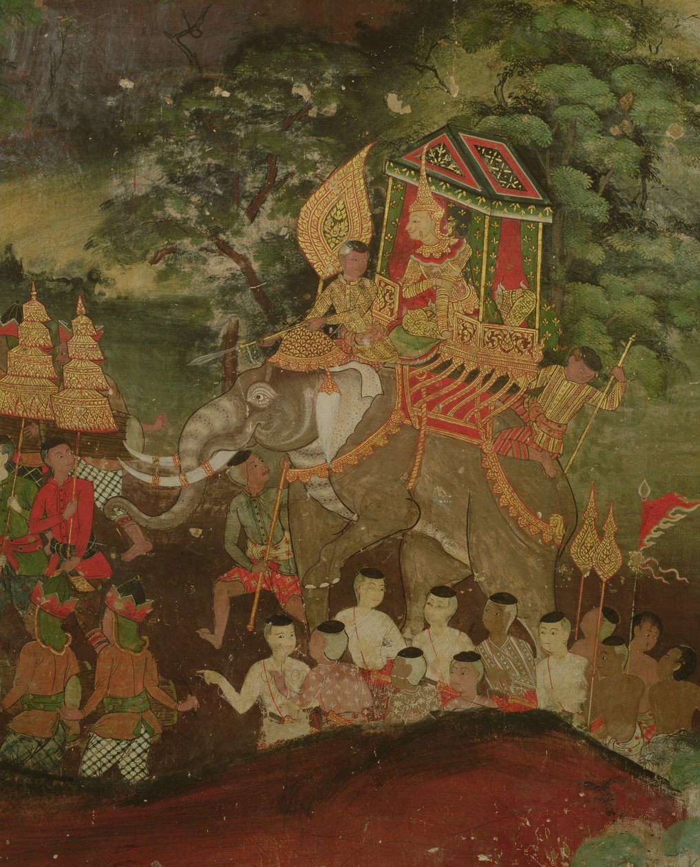 Kong Sanjaya på en elefant, Wat Suwannaram, Dhonburi, 1831 av Thai School