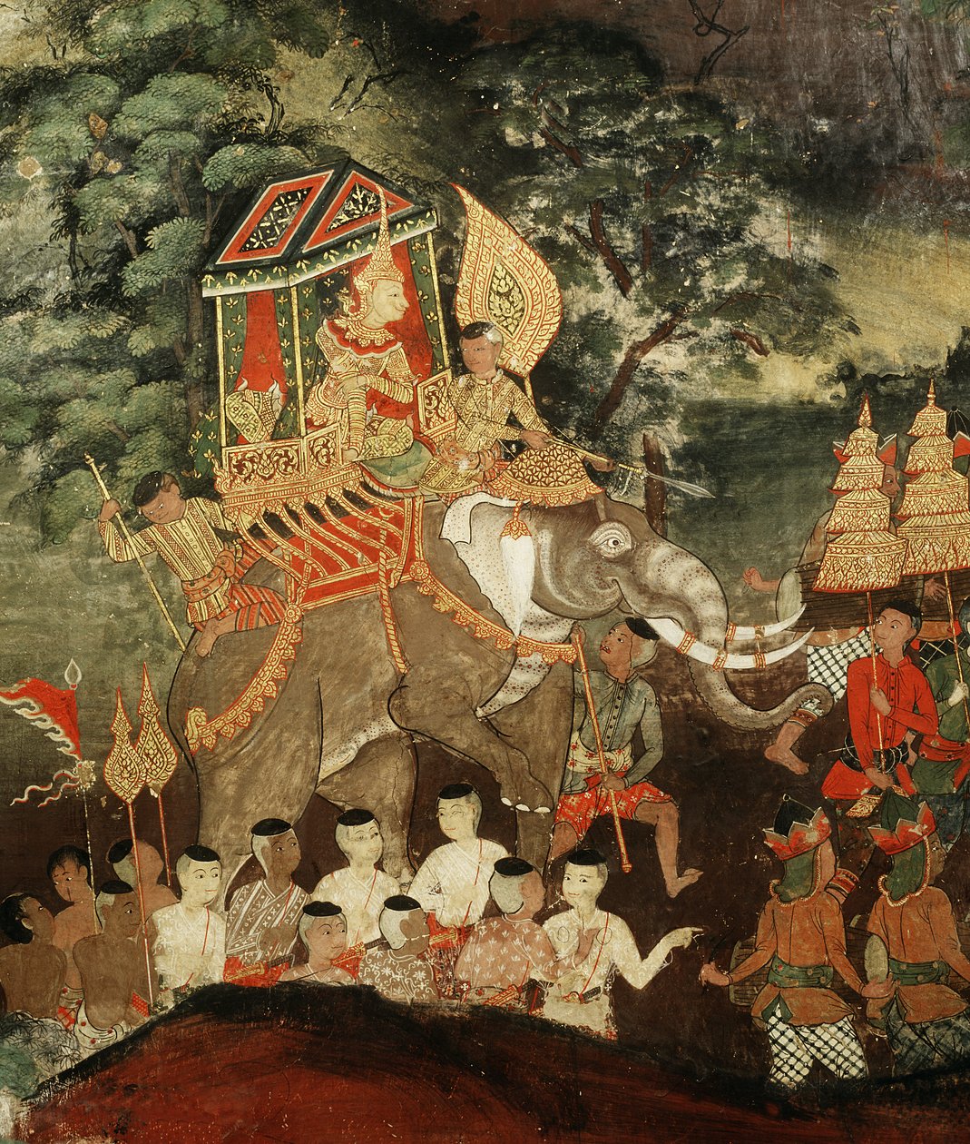 Kong Vessantara på en hvit elefant møter brahminene, scene fra Vessantara Jataka, tidlig på 1800-tallet (malt stoff) av Thai School