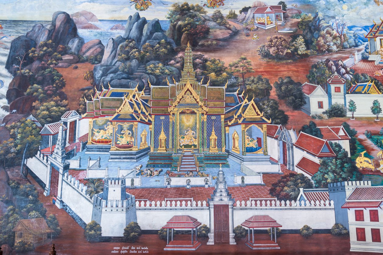Veggmaleri som viser scener fra Ramayana ved Wat Phra Kaeo, Royal Grand Palace, Bangkok, Thailand av Thai School