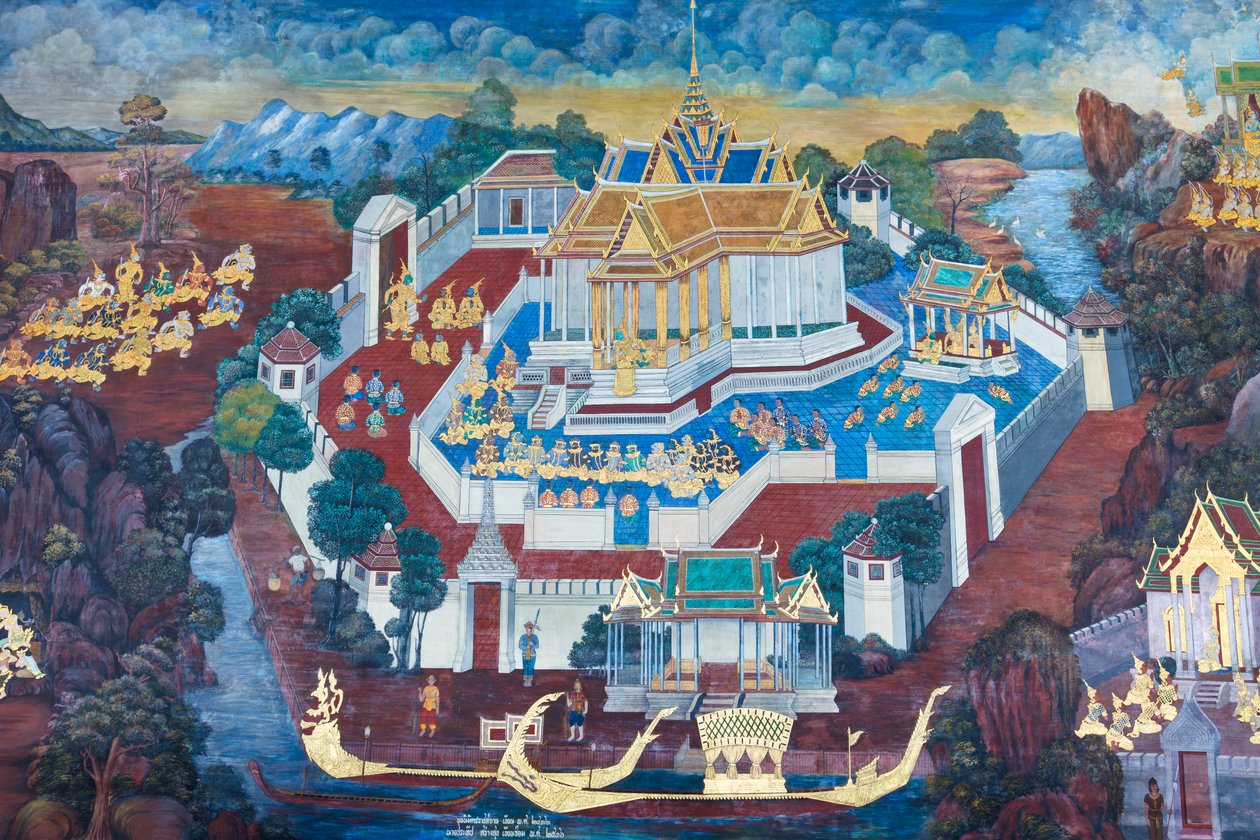 Veggmaleri som viser scener fra Ramayana ved Wat Phra Kaeo, Royal Grand Palace, Bangkok, Thailand av Thai School