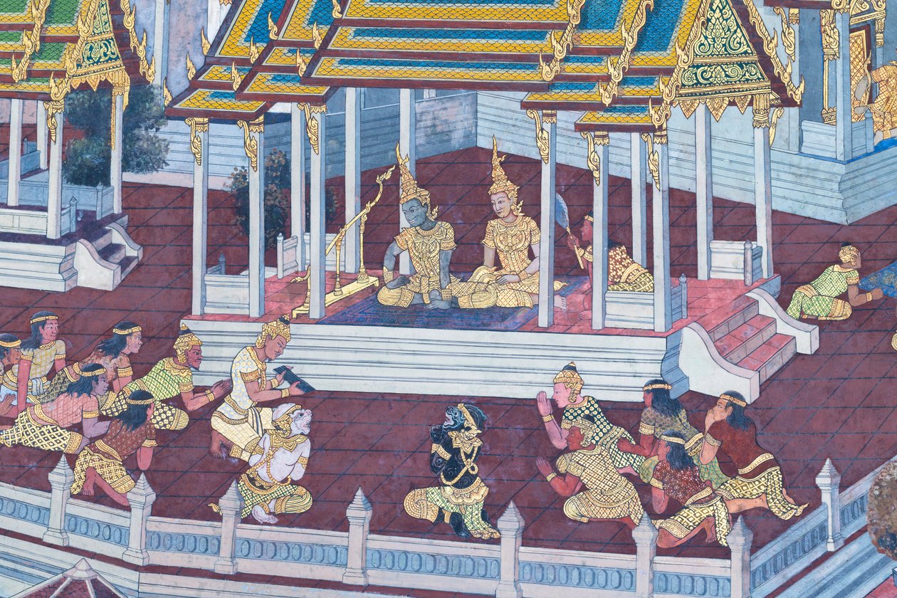 Veggmaleri som viser scener fra Ramayana ved Wat Phra Kaeo, Royal Grand Palace, Bangkok, Thailand av Thai School