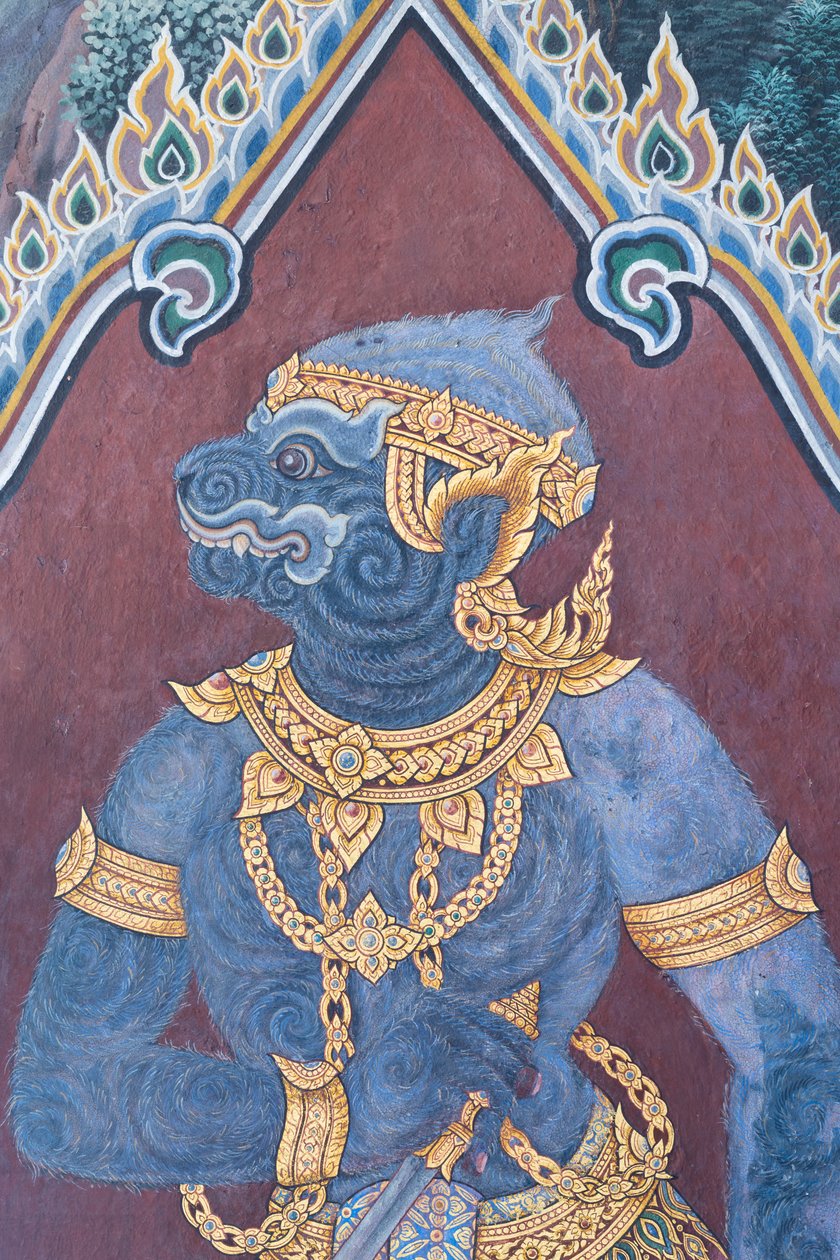Veggmaleri som viser scener fra Ramayana ved Wat Phra Kaeo, Royal Grand Palace, Bangkok, Thailand av Thai School