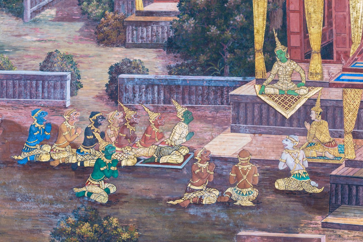 Veggmaleri som viser scener fra Ramayana ved Wat Phra Kaeo, Royal Grand Palace, Bangkok, Thailand av Thai School