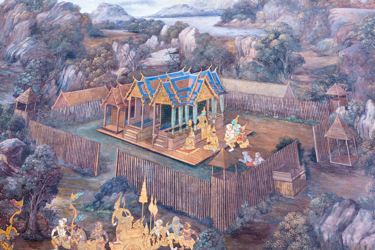 Veggmaleri som viser scener fra Ramayana ved Wat Phra Kaeo, Royal Grand Palace, Bangkok, Thailand av Thai School