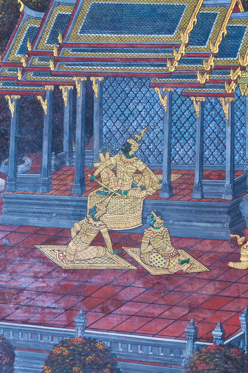 Veggmaleri som viser scener fra Ramayana ved Wat Phra Kaeo, Royal Grand Palace, Bangkok, Thailand av Thai School