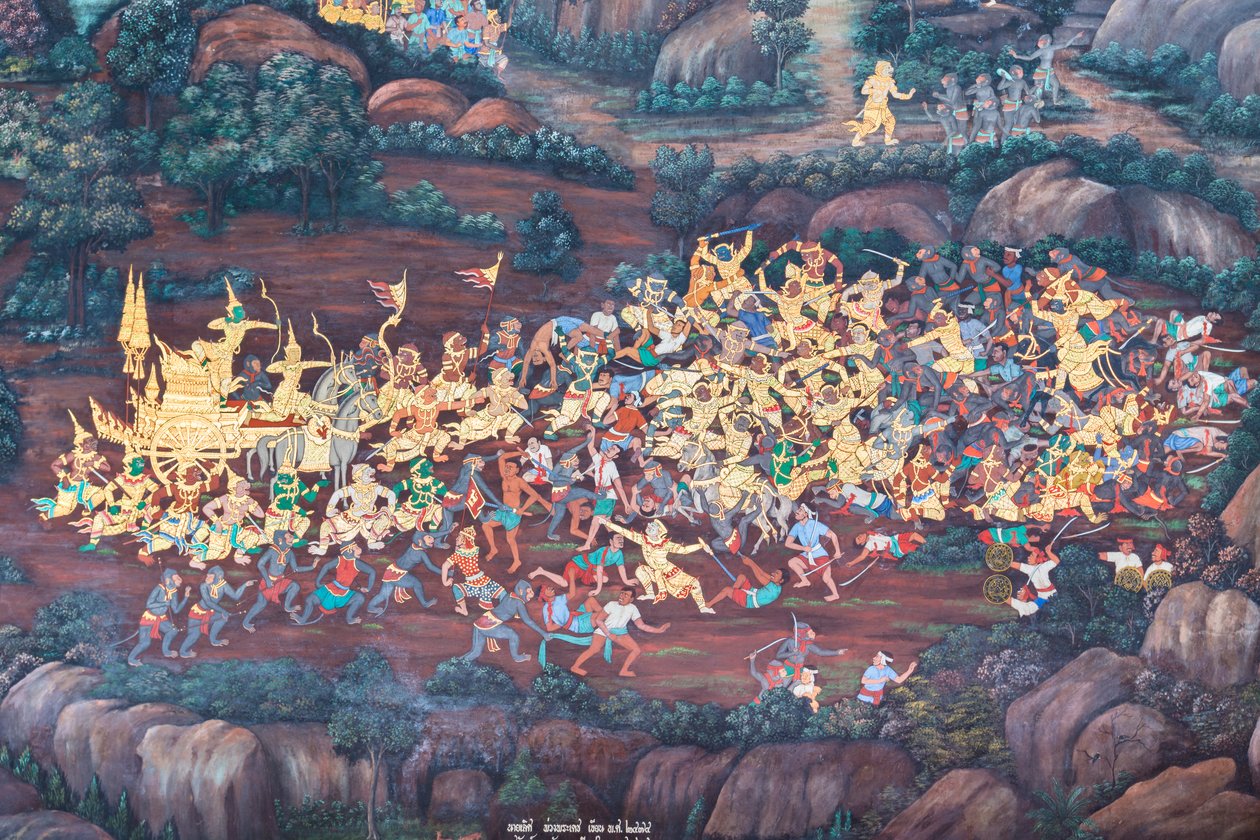Veggmaleri som viser scener fra Ramayana ved Wat Phra Kaeo, Royal Grand Palace, Bangkok, Thailand av Thai School