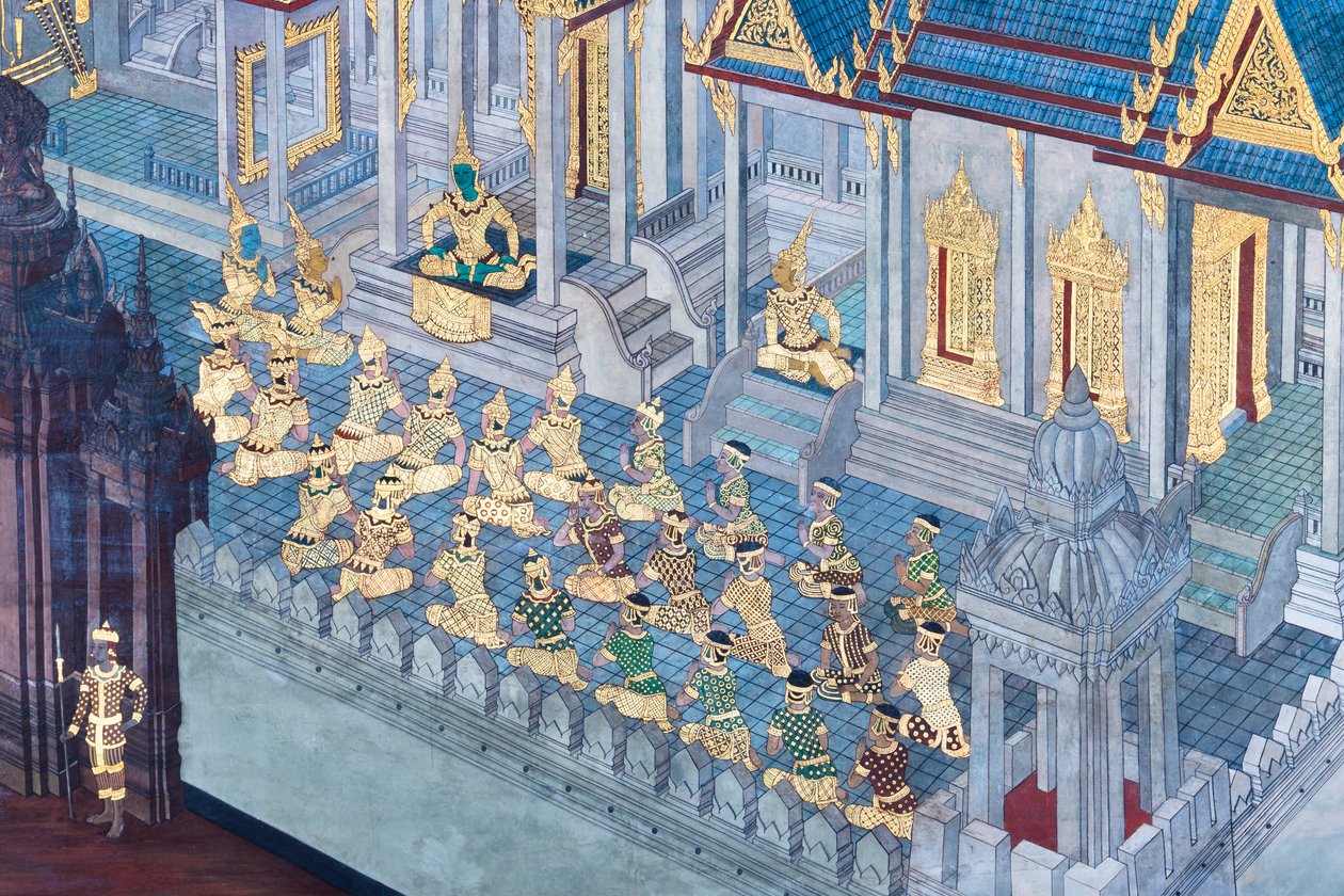 Veggmaleri som viser scener fra Ramayana ved Wat Phra Kaeo, Royal Grand Palace, Bangkok, Thailand av Thai School
