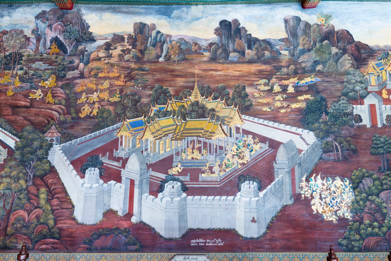 Veggmaleri som viser scener fra Ramayana ved Wat Phra Kaeo, Royal Grand Palace, Bangkok, Thailand av Thai School