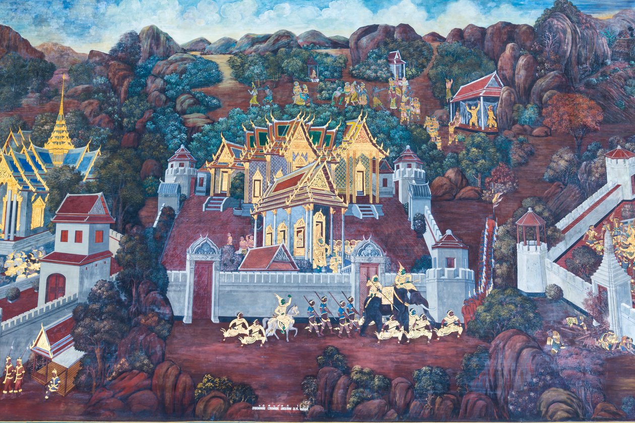 Veggmaleri som viser scener fra Ramayana ved Wat Phra Kaeo, Royal Grand Palace, Bangkok, Thailand av Thai School