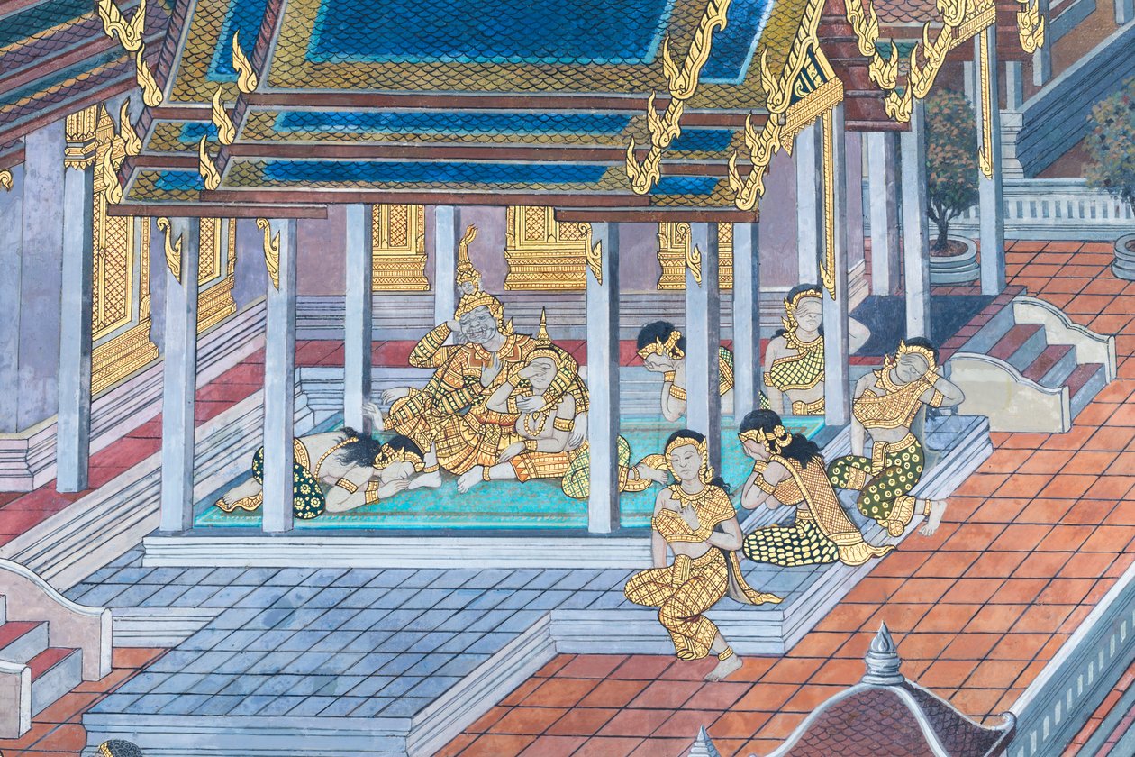 Veggmaleri som viser scener fra Ramayana ved Wat Phra Kaeo, Royal Grand Palace, Bangkok, Thailand av Thai School