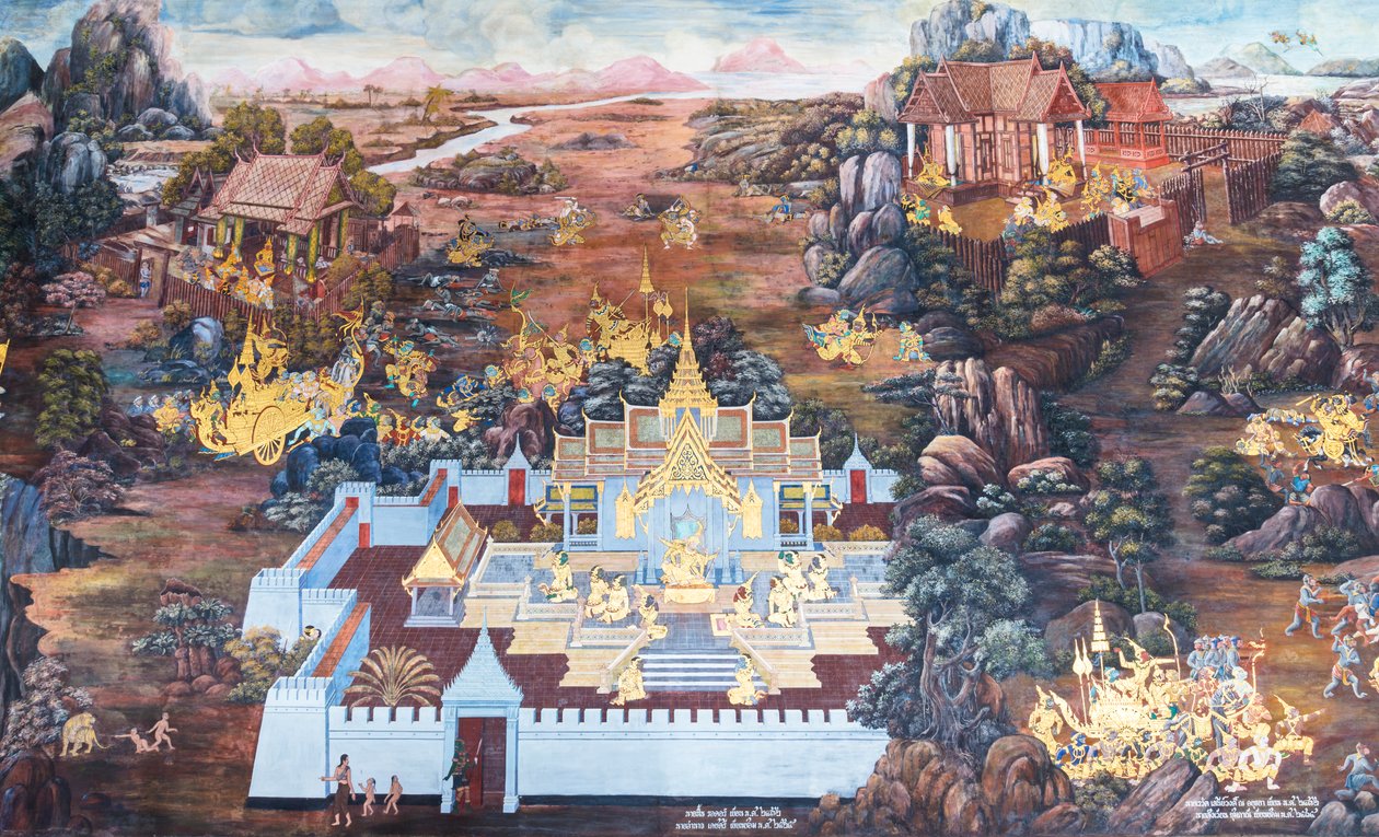 Veggmaleri som viser scener fra Ramayana ved Wat Phra Kaeo, Royal Grand Palace, Bangkok, Thailand av Thai School