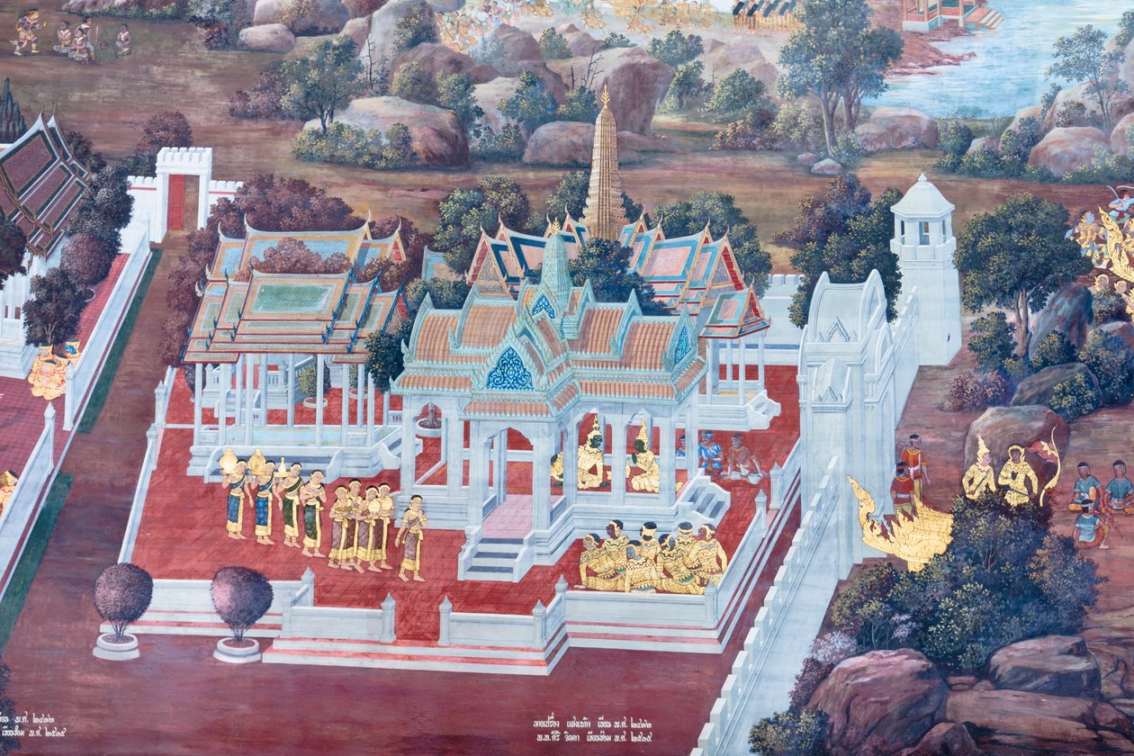 Veggmaleri som viser scener fra Ramayana ved Wat Phra Kaeo, Royal Grand Palace, Bangkok, Thailand av Thai School