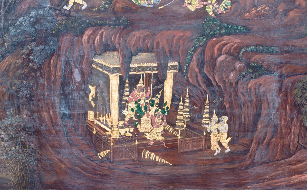 Veggmaleri som viser scener fra Ramayana ved Wat Phra Kaeo, Royal Grand Palace, Bangkok, Thailand av Thai School