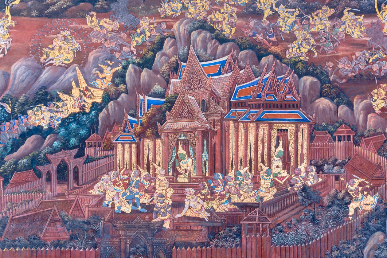 Veggmaleri som viser scener fra Ramayana ved Wat Phra Kaeo, Royal Grand Palace, Bangkok, Thailand av Thai School