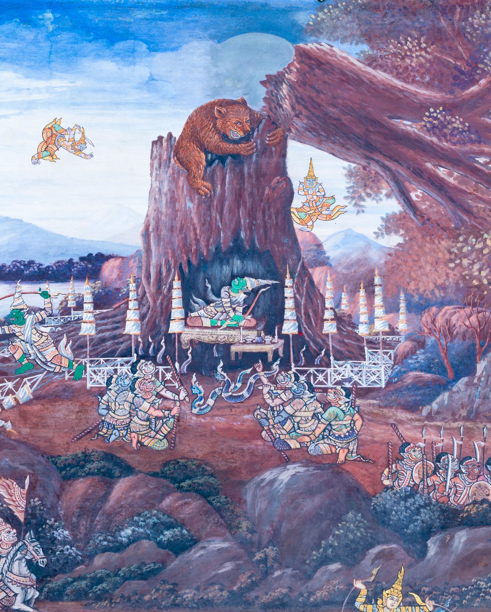 Veggmaleri som viser scener fra Ramayana ved Wat Phra Kaeo, Royal Grand Palace, Bangkok, Thailand av Thai School
