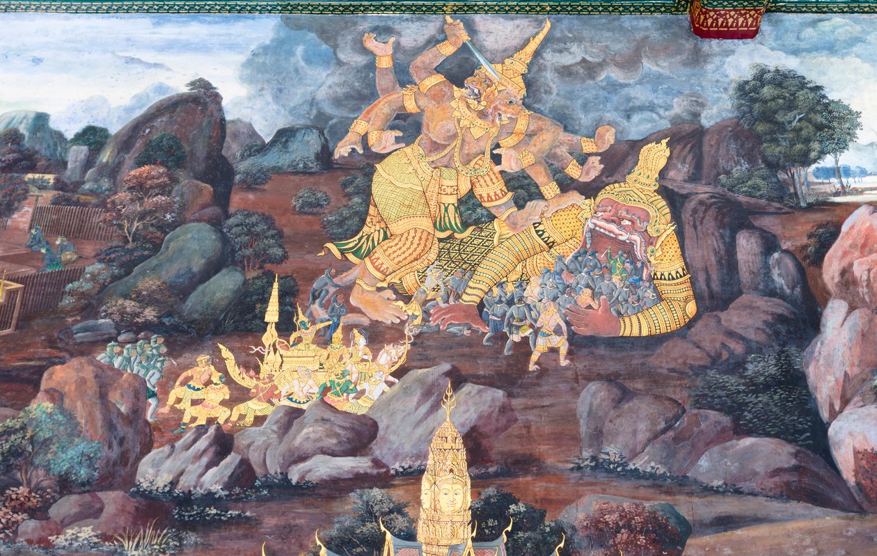 Veggmaleri som viser scener fra Ramayana ved Wat Phra Kaeo, Royal Grand Palace, Bangkok, Thailand av Thai School