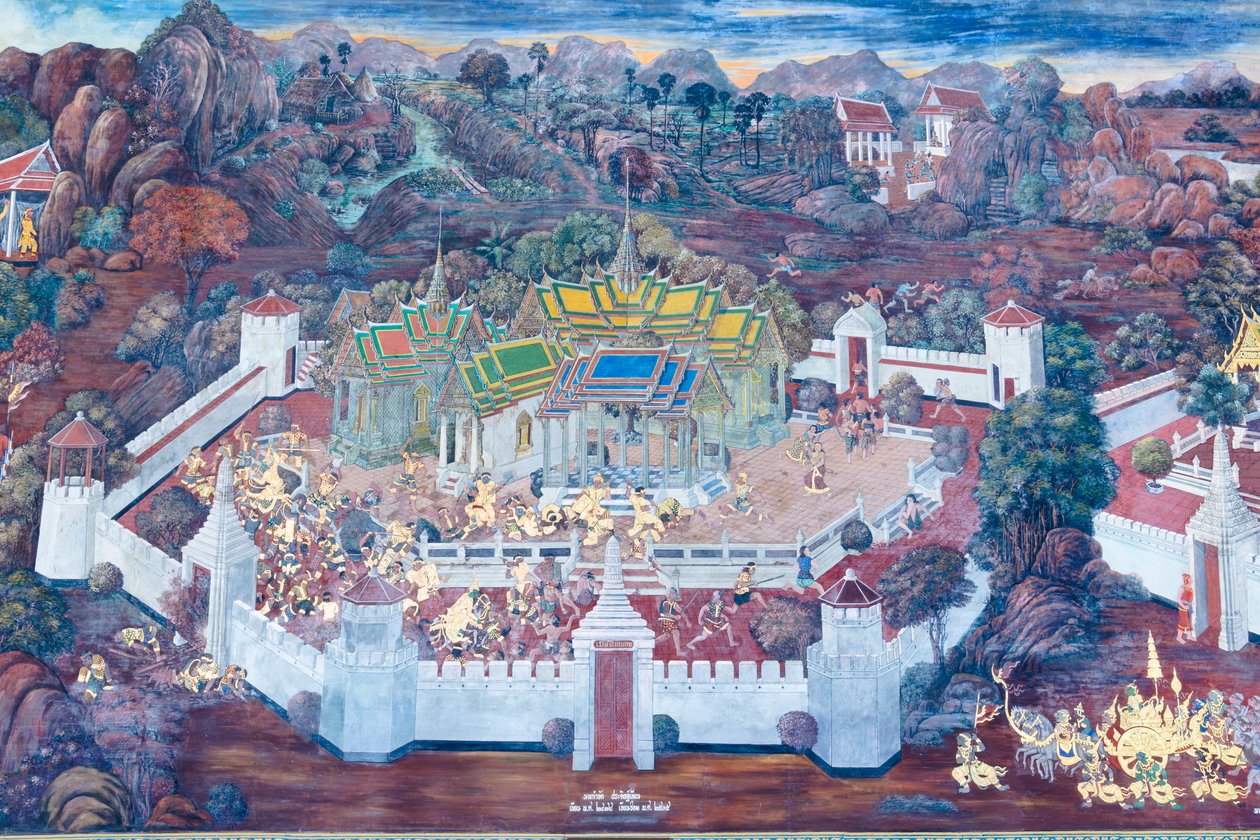 Veggmaleri som viser scener fra Ramayana ved Wat Phra Kaeo, Royal Grand Palace, Bangkok, Thailand av Thai School