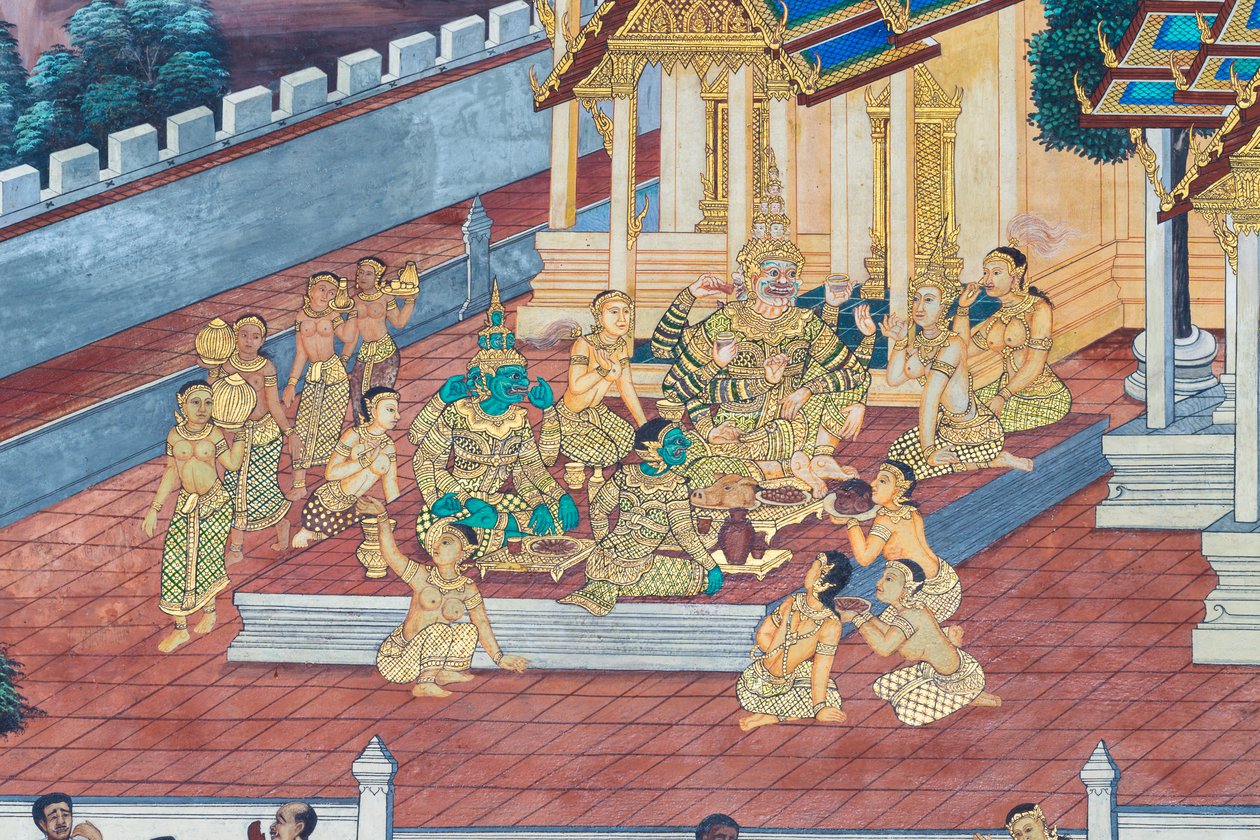 Veggmaleri som viser scener fra Ramayana ved Wat Phra Kaeo, Royal Grand Palace, Bangkok, Thailand av Thai School