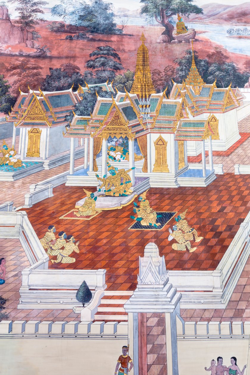 Veggmaleri som viser scener fra Ramayana ved Wat Phra Kaeo, Royal Grand Palace, Bangkok, Thailand av Thai School
