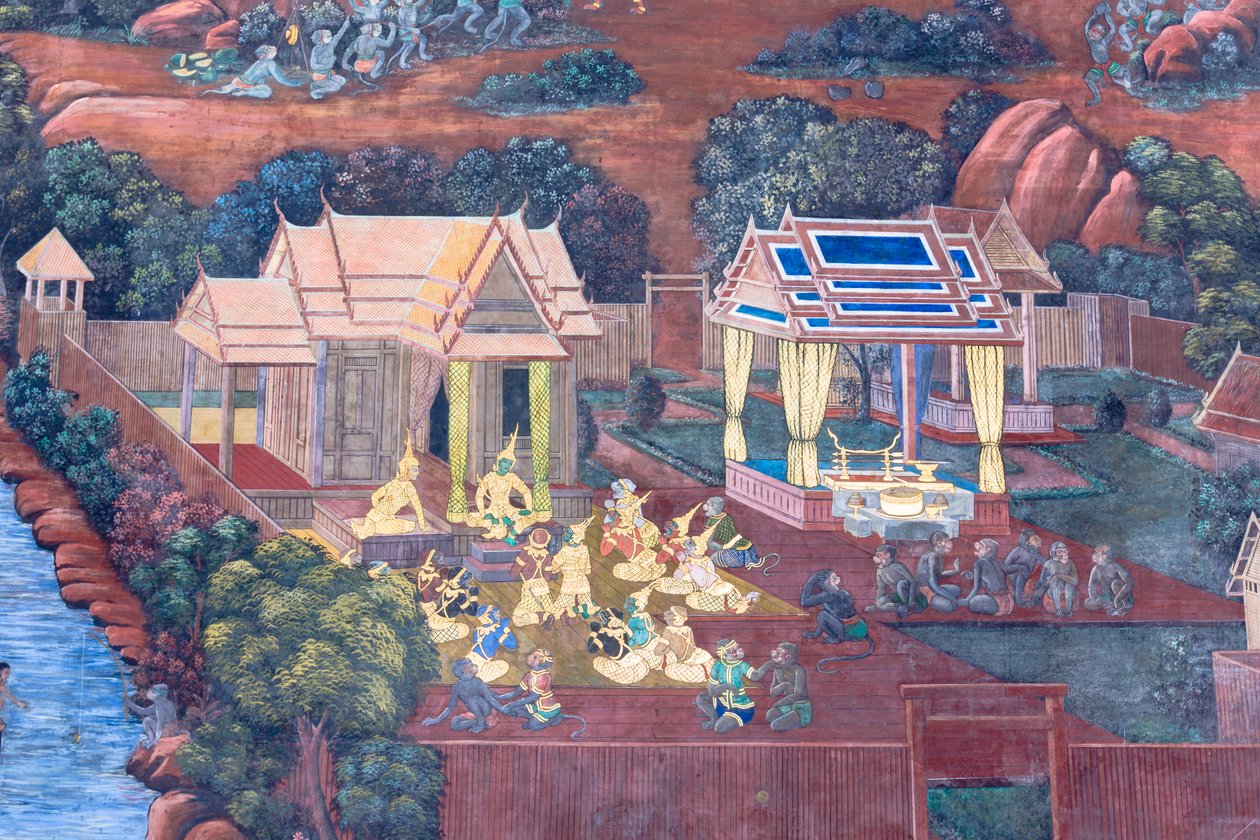 Veggmaleri som viser scener fra Ramayana ved Wat Phra Kaeo, Royal Grand Palace, Bangkok, Thailand av Thai School