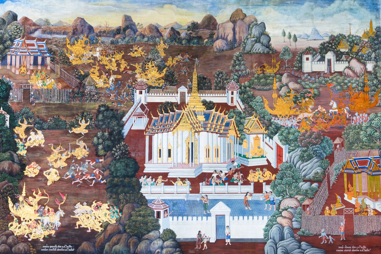 Veggmaleri som viser scener fra Ramayana ved Wat Phra Kaeo, Royal Grand Palace, Bangkok, Thailand av Thai School