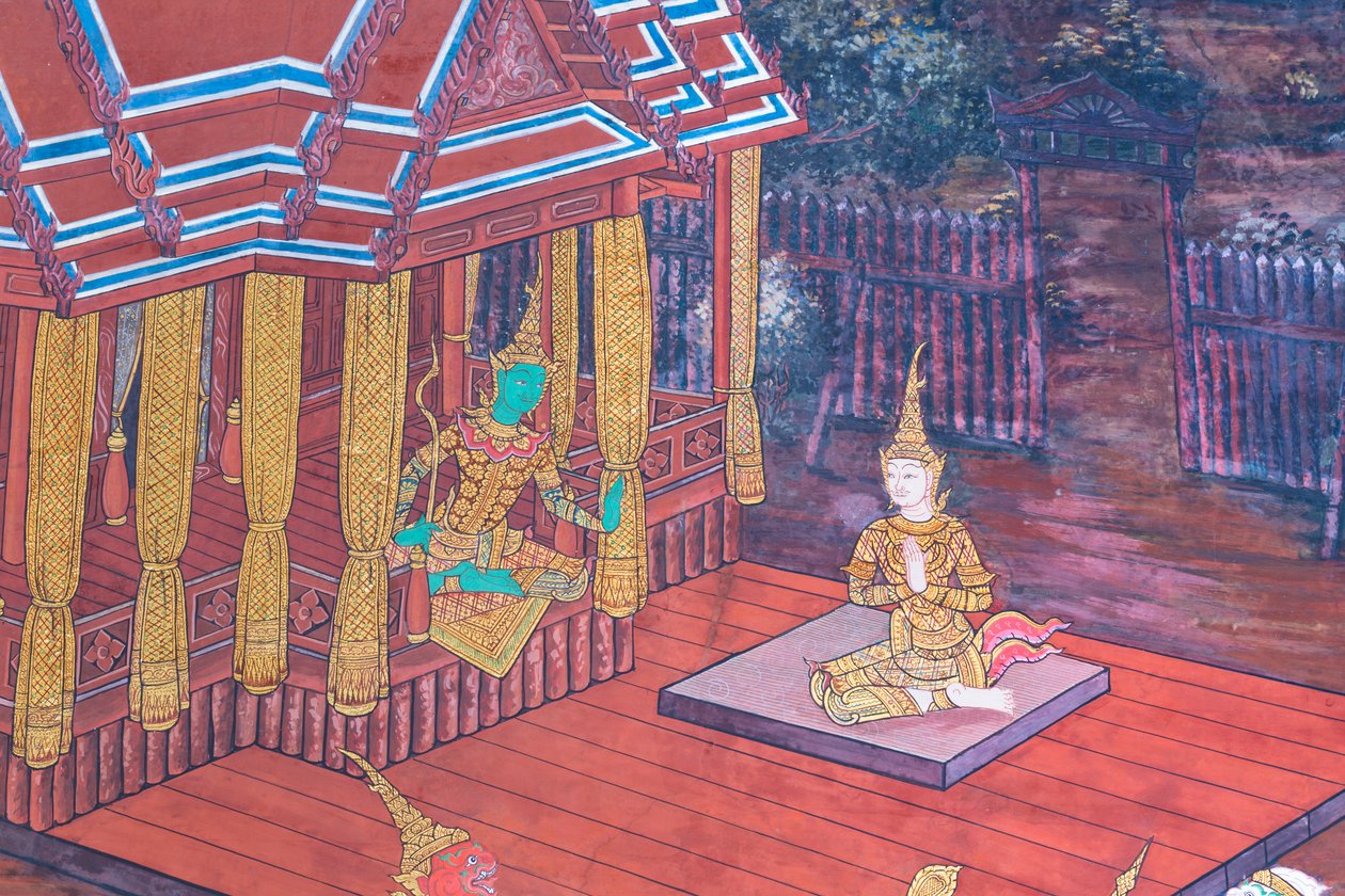 Veggmaleri som viser scener fra Ramayana ved Wat Phra Kaeo, Royal Grand Palace, Bangkok, Thailand av Thai School