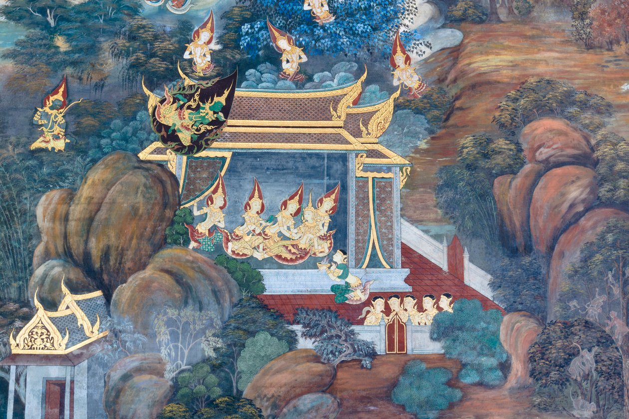 Veggmaleri som viser scener fra Ramayana ved Wat Phra Kaeo, Royal Grand Palace, Bangkok, Thailand av Thai School