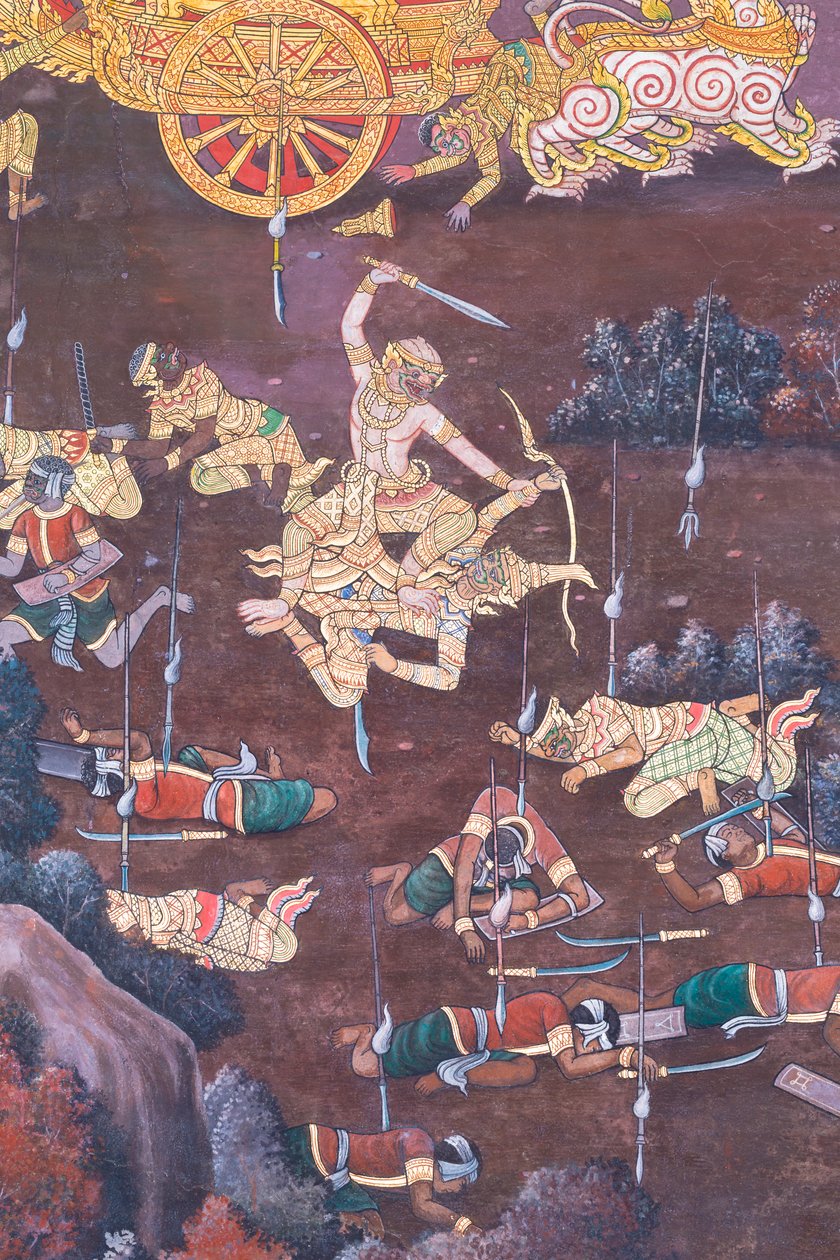 Veggmaleri som viser scener fra Ramayana ved Wat Phra Kaeo, Royal Grand Palace, Bangkok, Thailand av Thai School