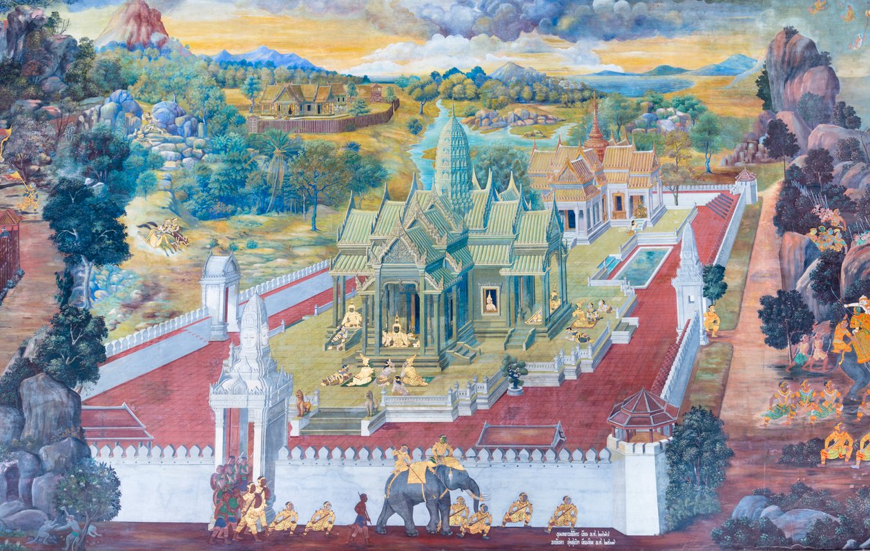 Veggmaleri som viser scener fra Ramayana ved Wat Phra Kaeo, Royal Grand Palace, Bangkok, Thailand av Thai School