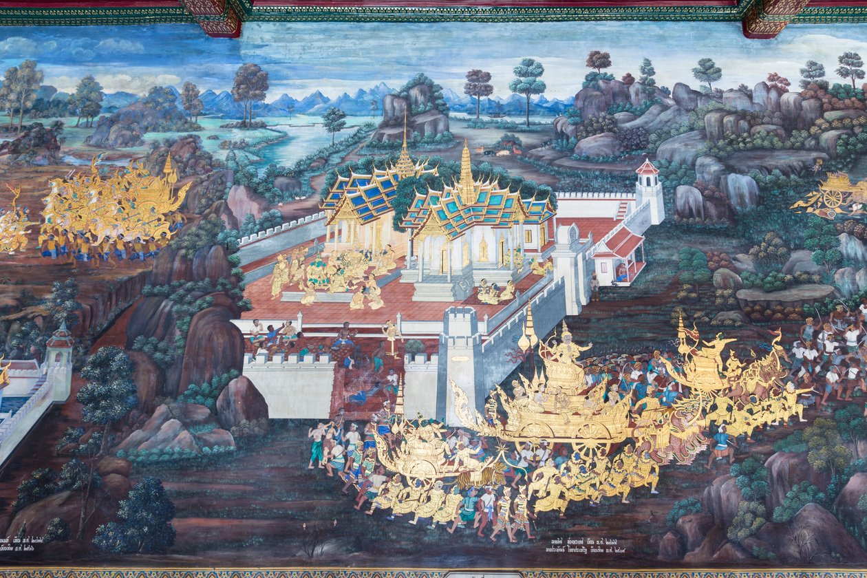 Veggmaleri som viser scener fra Ramayana ved Wat Phra Kaeo, Royal Grand Palace, Bangkok, Thailand av Thai School