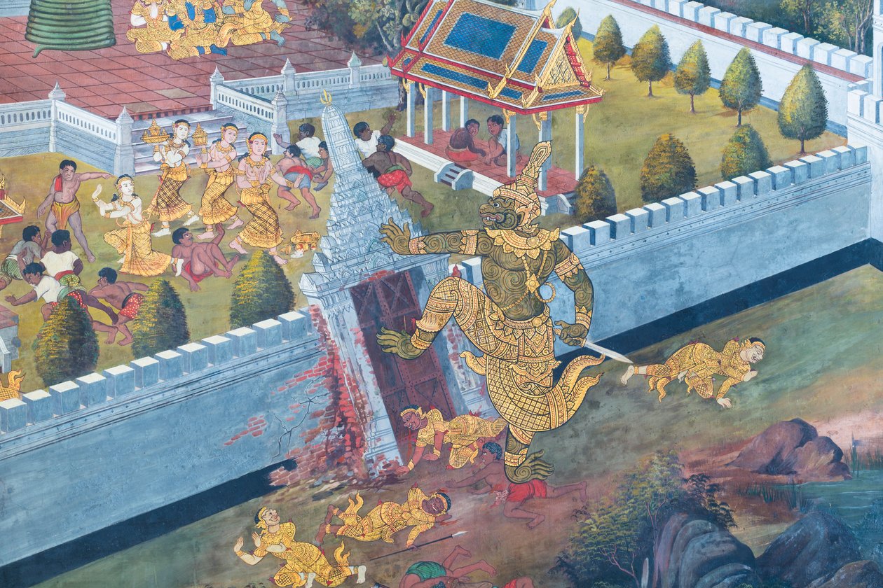 Veggmaleri som viser scener fra Ramayana ved Wat Phra Kaeo, Royal Grand Palace, Bangkok, Thailand av Thai School
