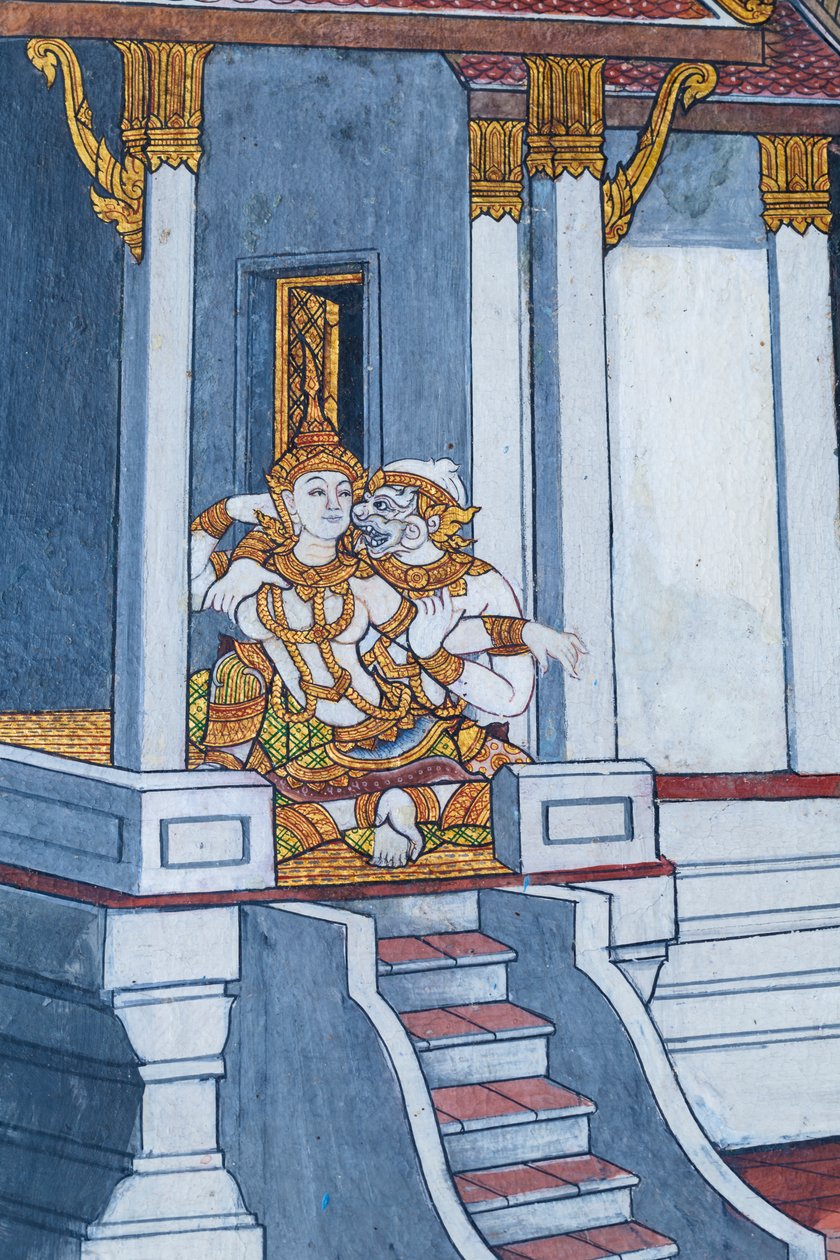 Veggmaleri som viser scener fra Ramayana ved Wat Phra Kaeo, Royal Grand Palace, Bangkok, Thailand av Thai School