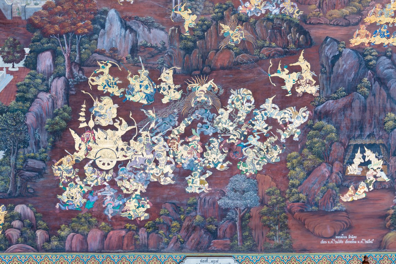 Veggmaleri som viser scener fra Ramayana ved Wat Phra Kaeo, Royal Grand Palace, Bangkok, Thailand av Thai School