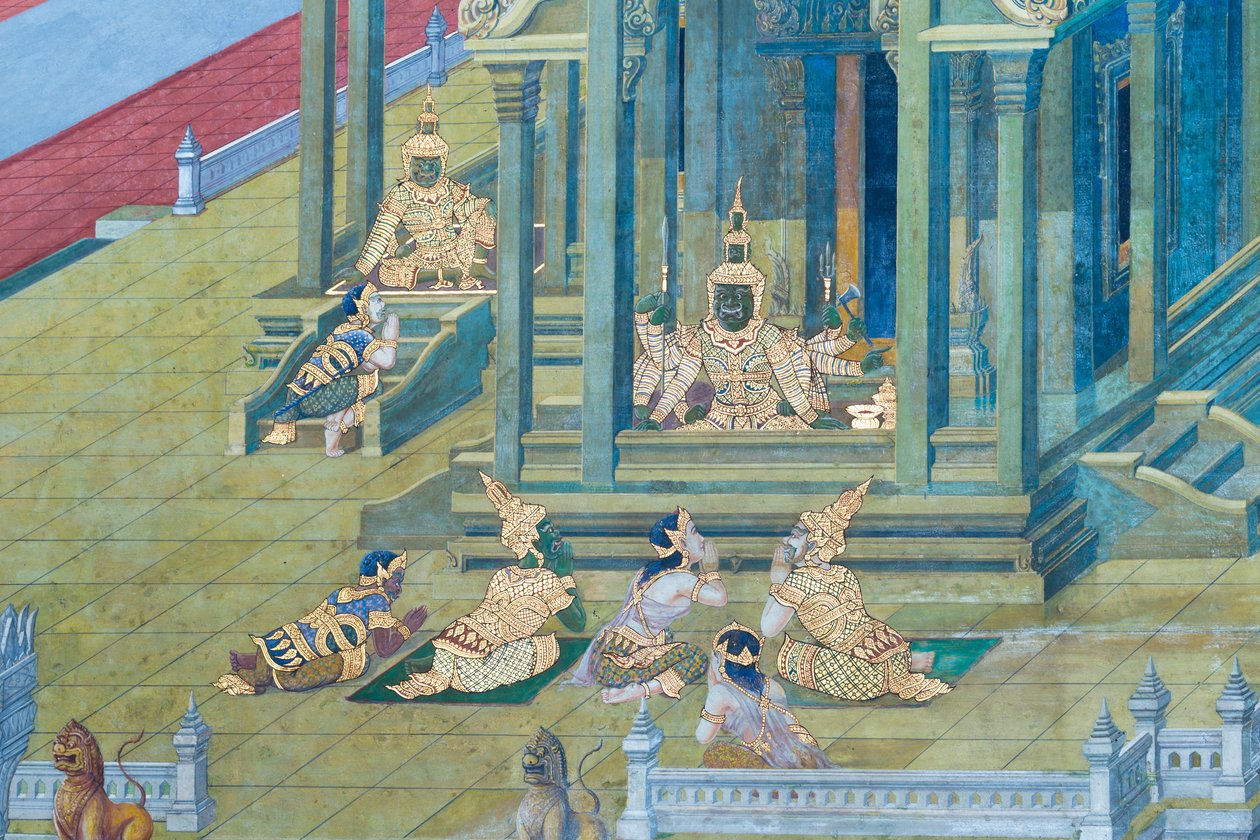 Veggmaleri som viser scener fra Ramayana ved Wat Phra Kaeo, Royal Grand Palace, Bangkok, Thailand av Thai School