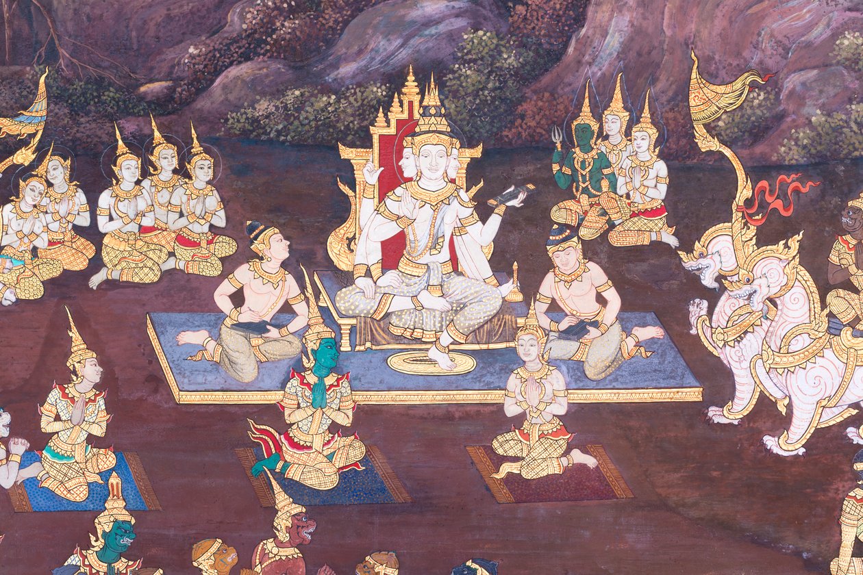 Veggmaleri som viser scener fra Ramayana ved Wat Phra Kaeo, Royal Grand Palace, Bangkok, Thailand av Thai School