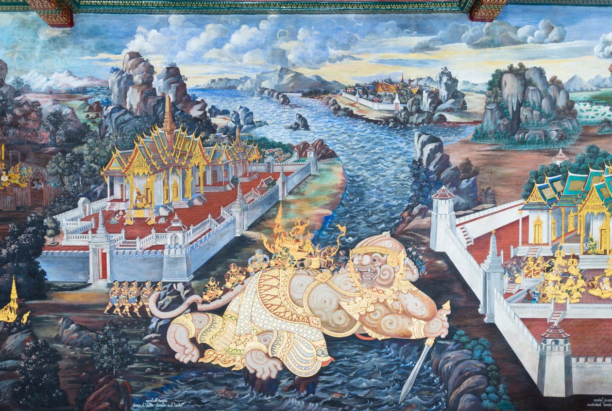 Veggmaleri som viser scener fra Ramayana ved Wat Phra Kaeo, Royal Grand Palace, Bangkok, Thailand av Thai School