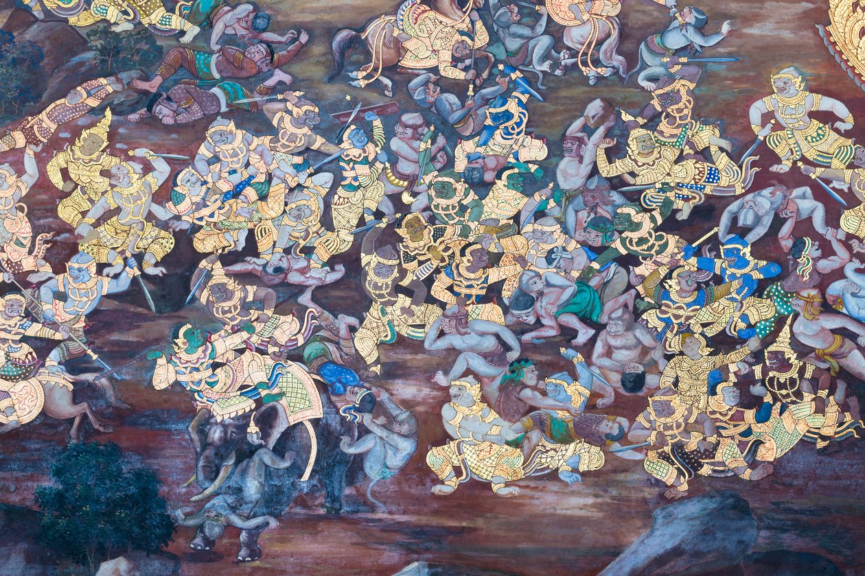 Veggmaleri som viser scener fra Ramayana ved Wat Phra Kaeo, Royal Grand Palace, Bangkok, Thailand av Thai School