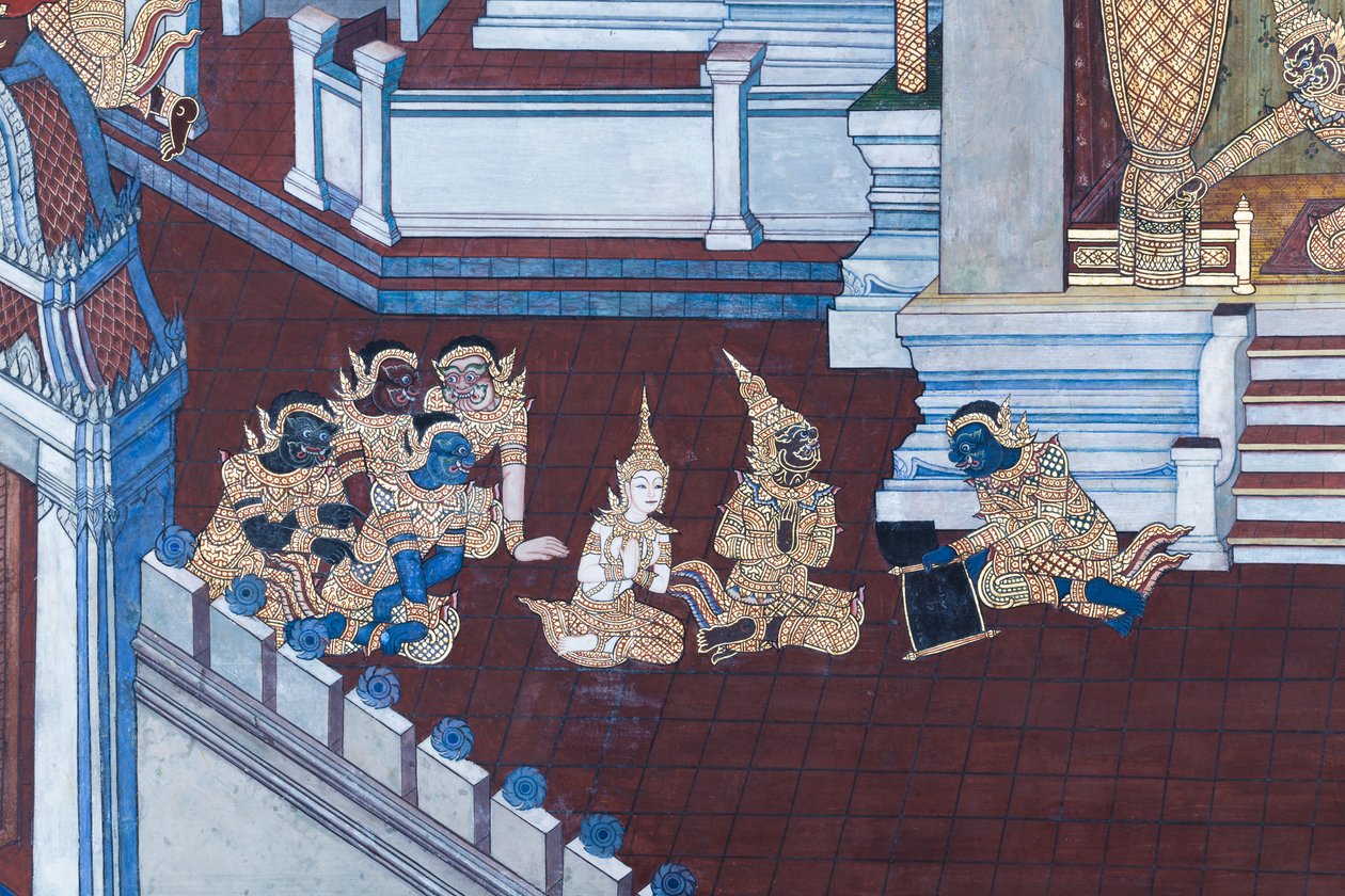Veggmaleri som viser scener fra Ramayana ved Wat Phra Kaeo, Royal Grand Palace, Bangkok, Thailand av Thai School