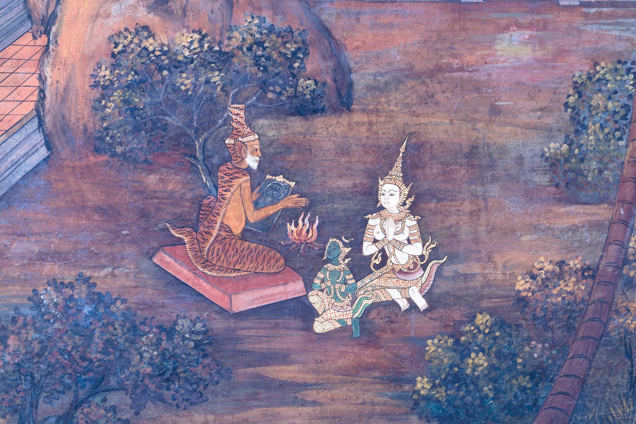 Veggmaleri som viser scener fra Ramayana ved Wat Phra Kaeo, Royal Grand Palace, Bangkok, Thailand av Thai School