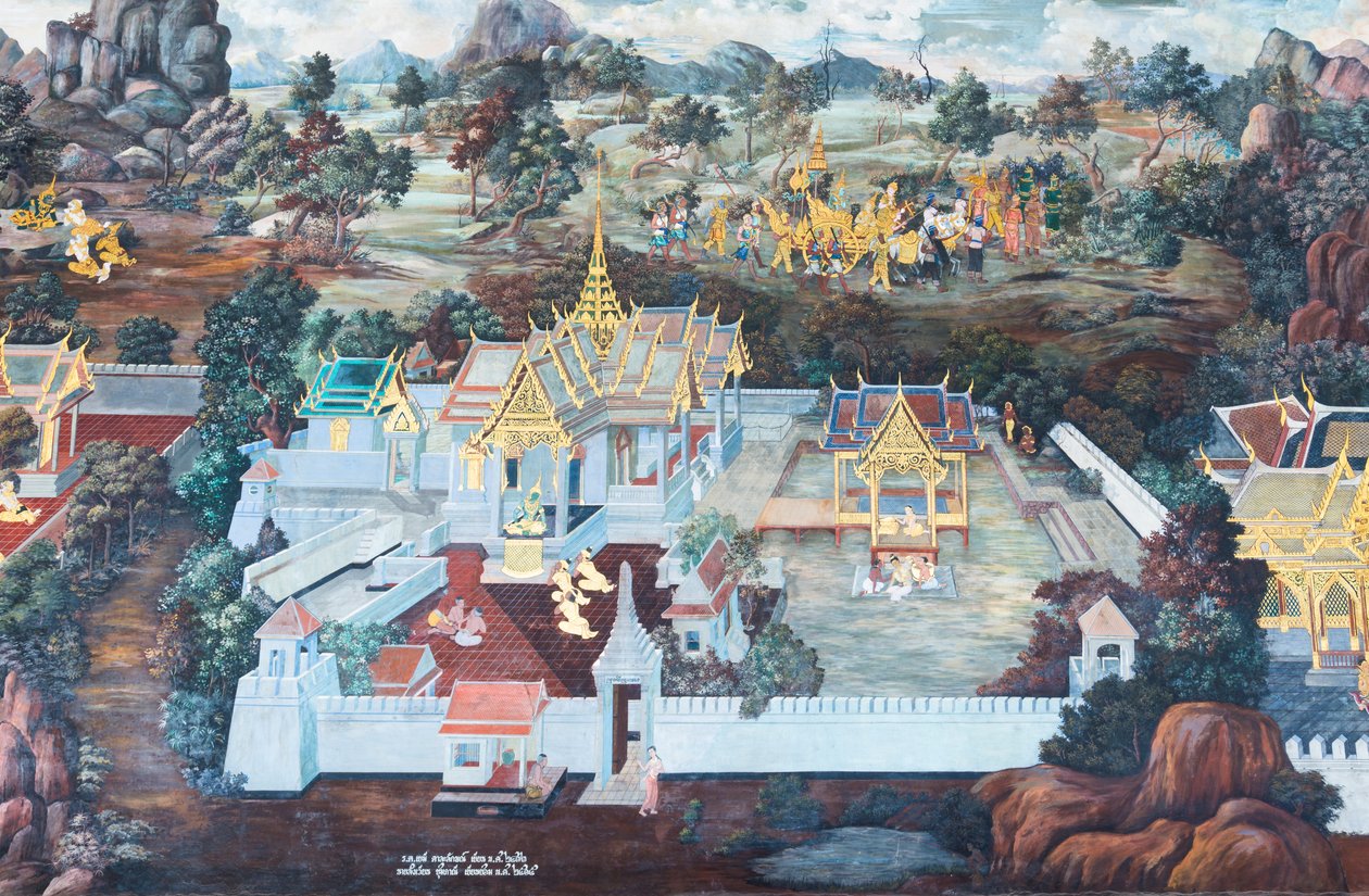 Veggmaleri som viser scener fra Ramayana ved Wat Phra Kaeo, Royal Grand Palace, Bangkok, Thailand av Thai School