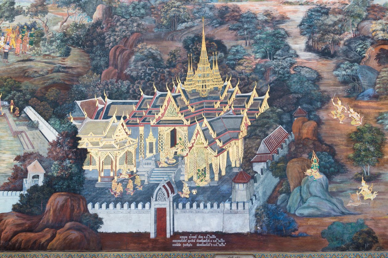 Veggmaleri som viser scener fra Ramayana ved Wat Phra Kaeo, Royal Grand Palace, Bangkok, Thailand av Thai School