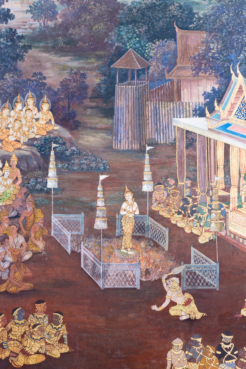 Veggmaleri som viser scener fra Ramayana ved Wat Phra Kaeo, Royal Grand Palace, Bangkok, Thailand av Thai School