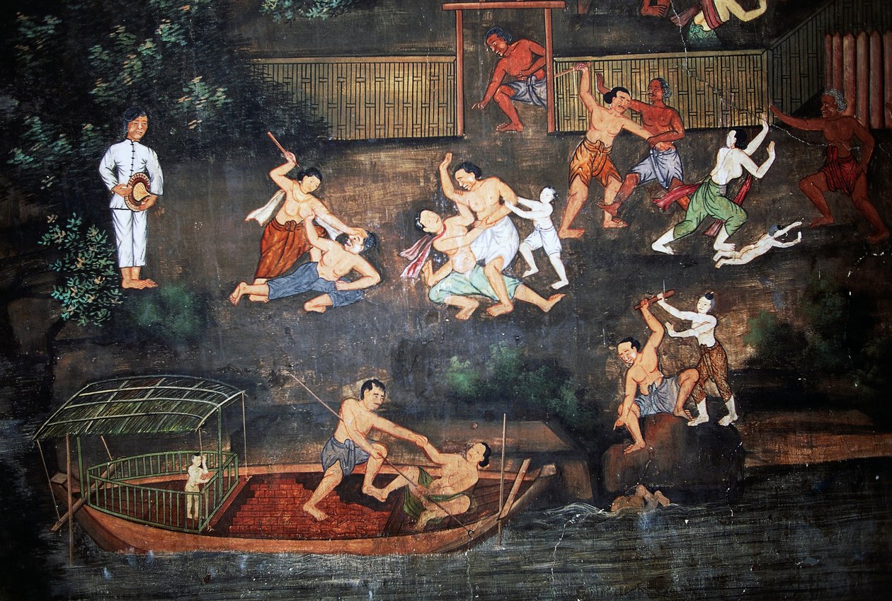 Veggmalerier med scener fra Buddhas liv, Wat Suwan Dararam, Ayutthaya historiske park (UNESCOs verdensarvliste av Thai School