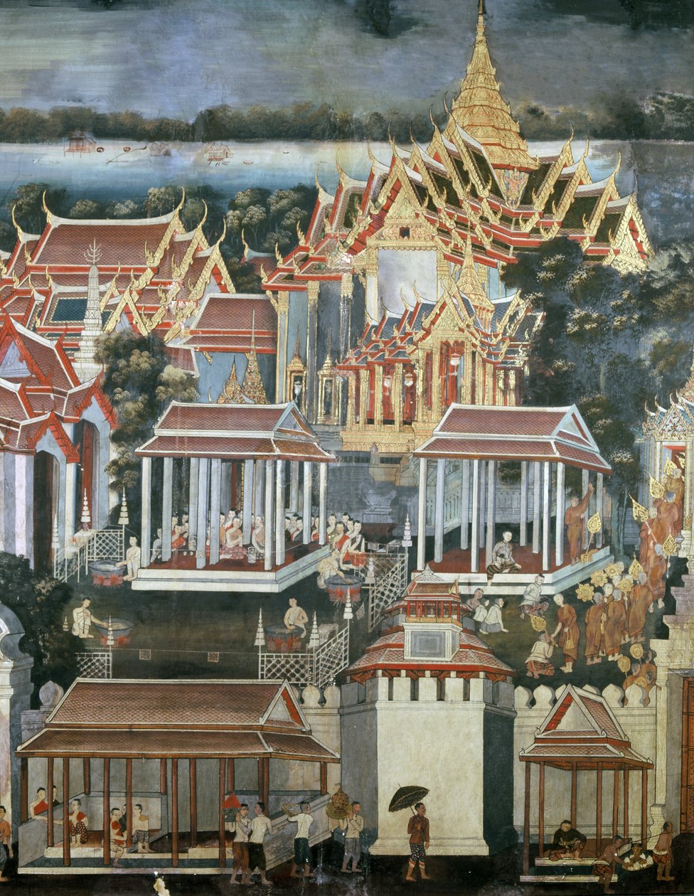 Tilbud gitt til munker i Temple of the Emerald Buddha, 1864 (veggmaleri) av Thai School