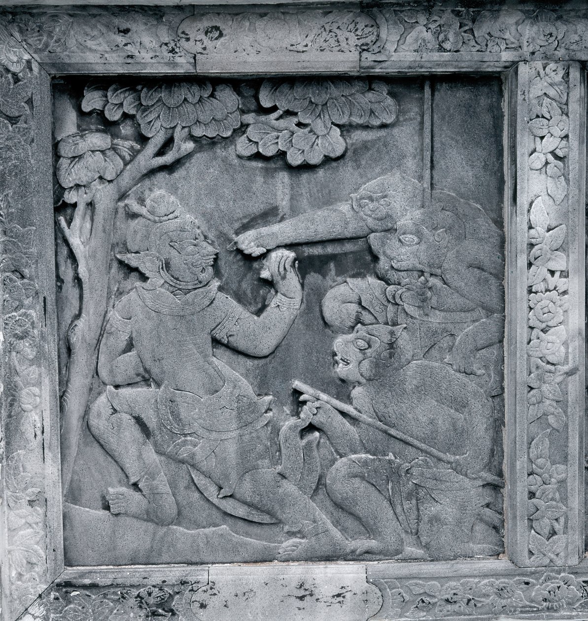 En av en serie relieffer som viser Ramakien (Ramayana) av Thai School