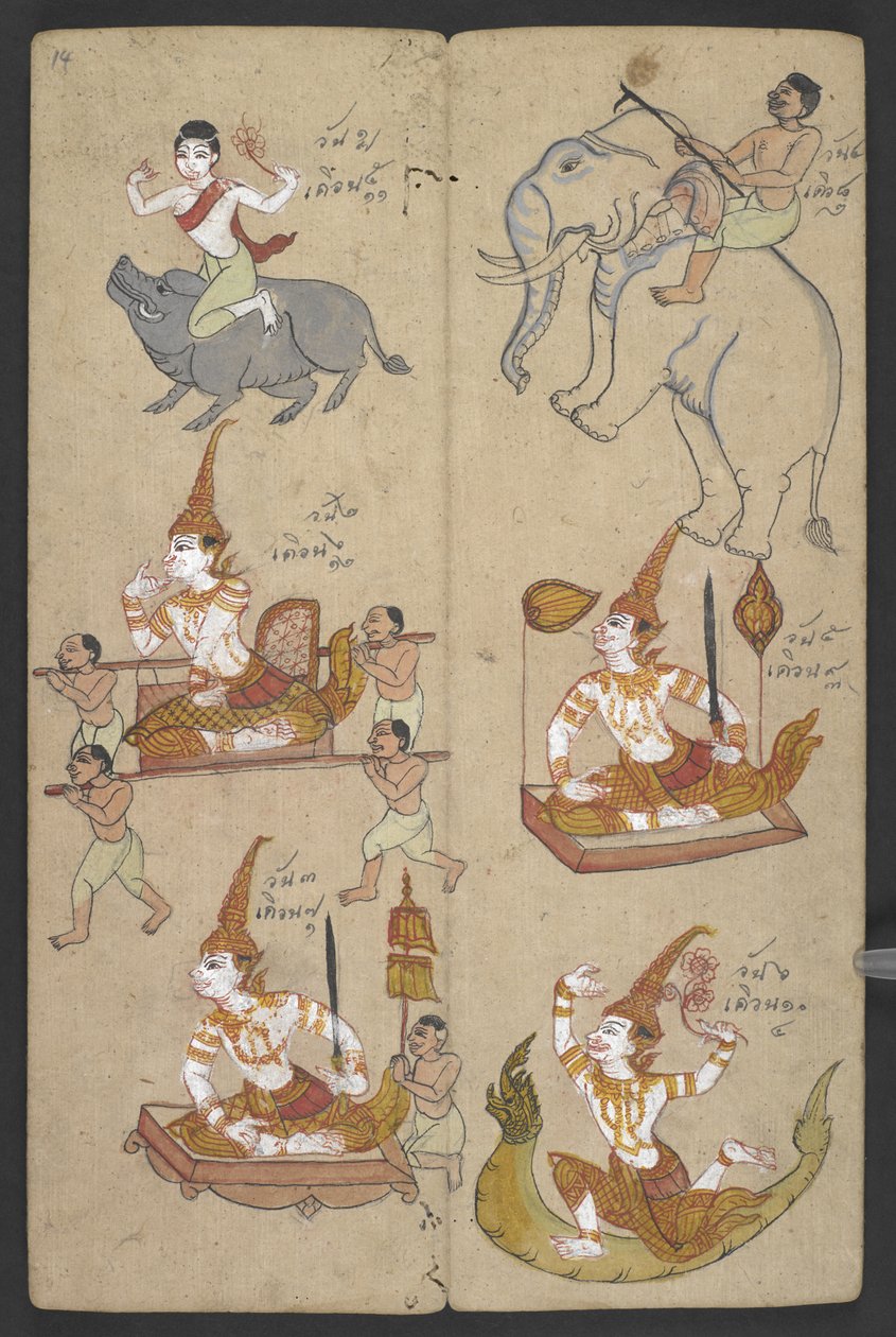 Eller 16455 f.14r, Dyr fra dyrekretsen, fra Phrommachat (pergament) av Thai School