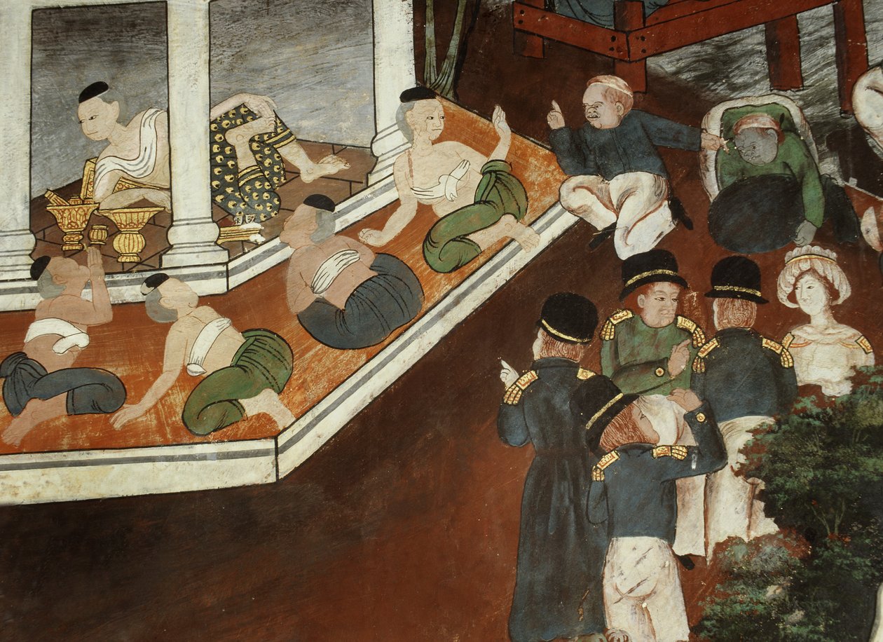 Slottsdame som tar imot muslimske kjøpmenn og vestlige sjømenn, Rattanakosin skole (veggmaleri) av Thai School