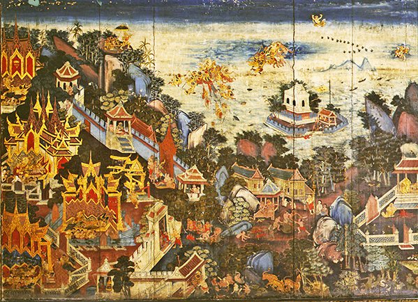 Bakpanel av en garderobe som viser en scene fra Ramakien (olje på panel) av Thai School