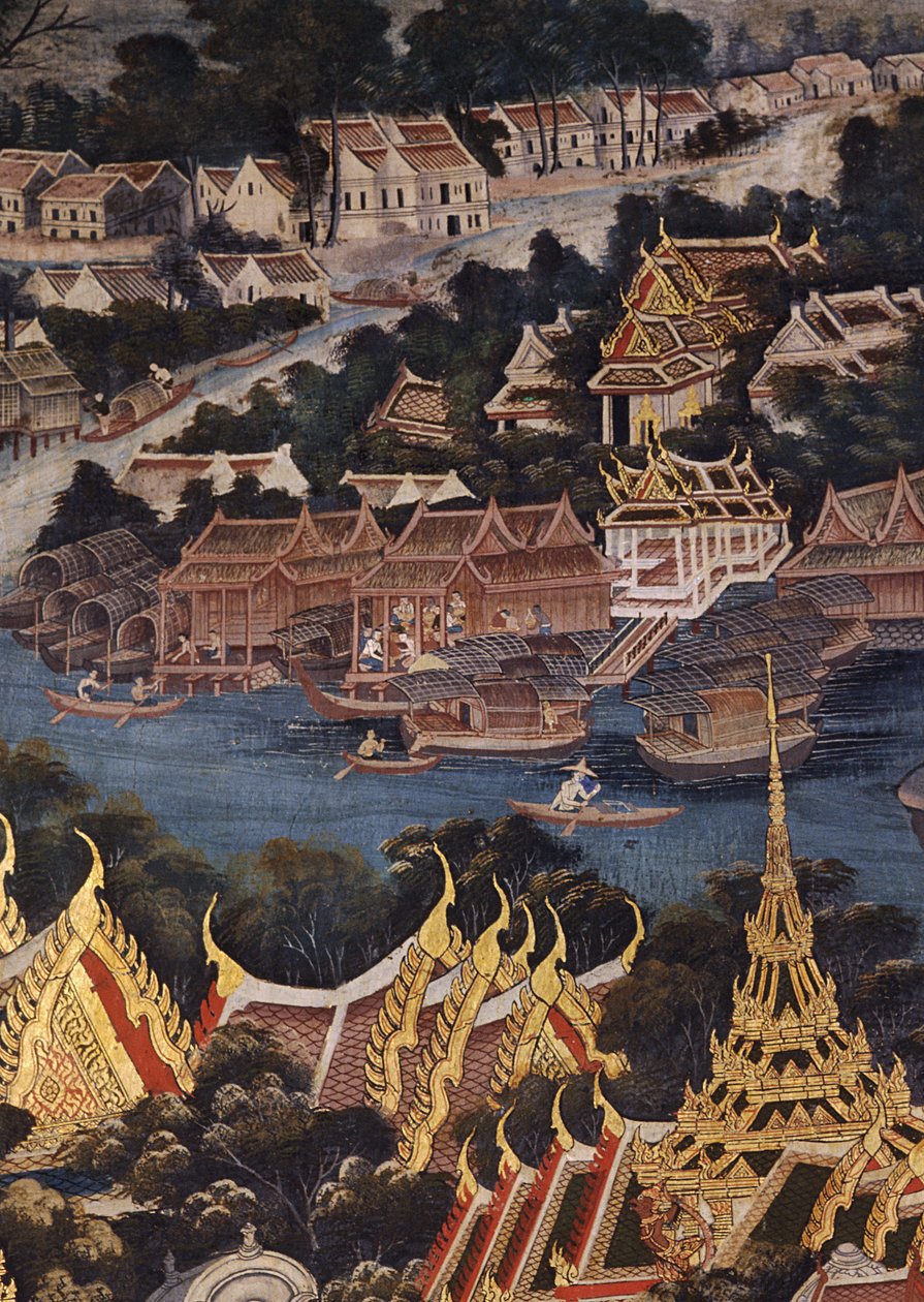 Utsikt over Bangkok Royal Palace, Chao Phraya-elven og Tonburi, som viser thailandske trehus og kinesiske boliger av murstein og stukkatur, 1864 (veggmaleri) av Thai School